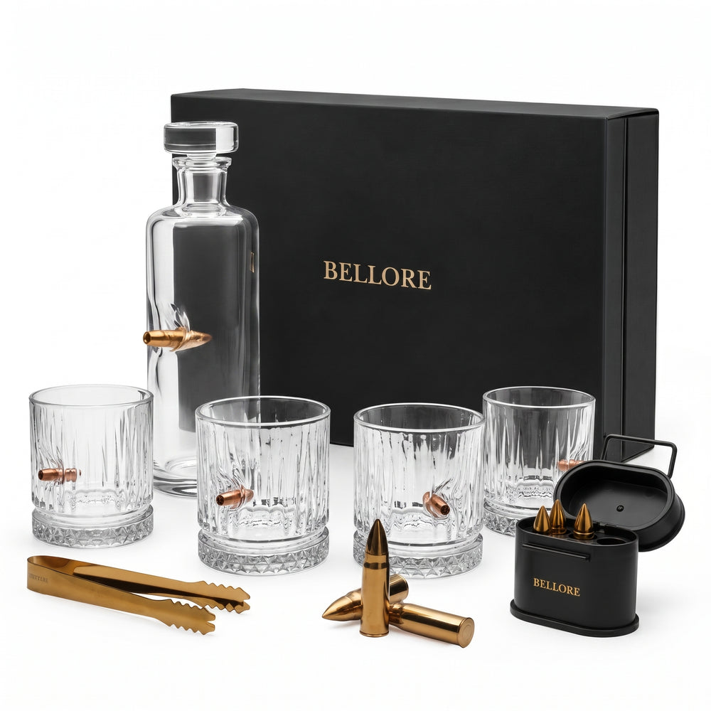 Set cadou pentru whisky cu decantor cu glonț real Bellore – 4 pahare și pietre