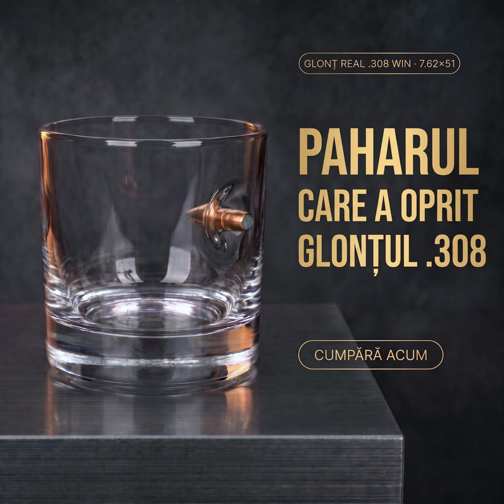 Pahar de whisky cu glonț real .308 - paharul care a oprit glonțul .308