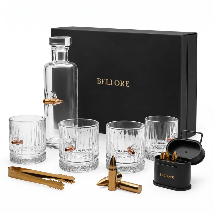 Set cadou pentru whisky cu decantor cu glonț real Bellore – 4 pahare și pietre