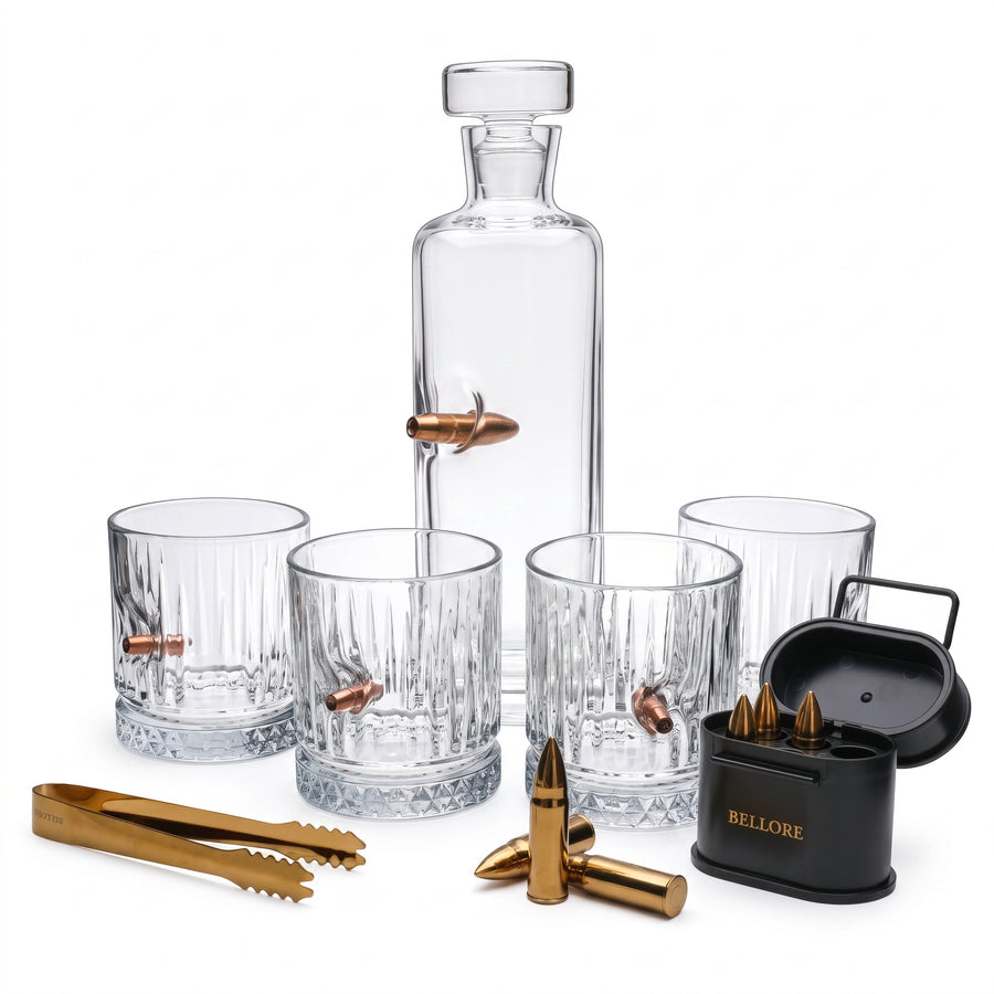 Set cadou pentru whisky cu decantor cu glonț real Bellore – 4 pahare și pietre