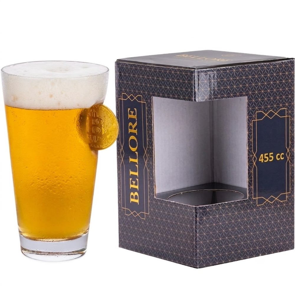 Bellore Pahar Special de Bere cu Monedă Bitcoin, 455ml