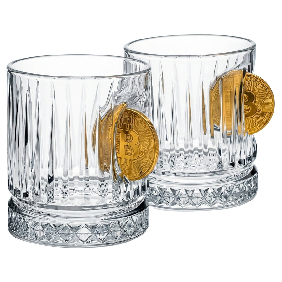 Set 2 Pahare Whisky din Cristal cu Monedă Bitcoin 355 ml