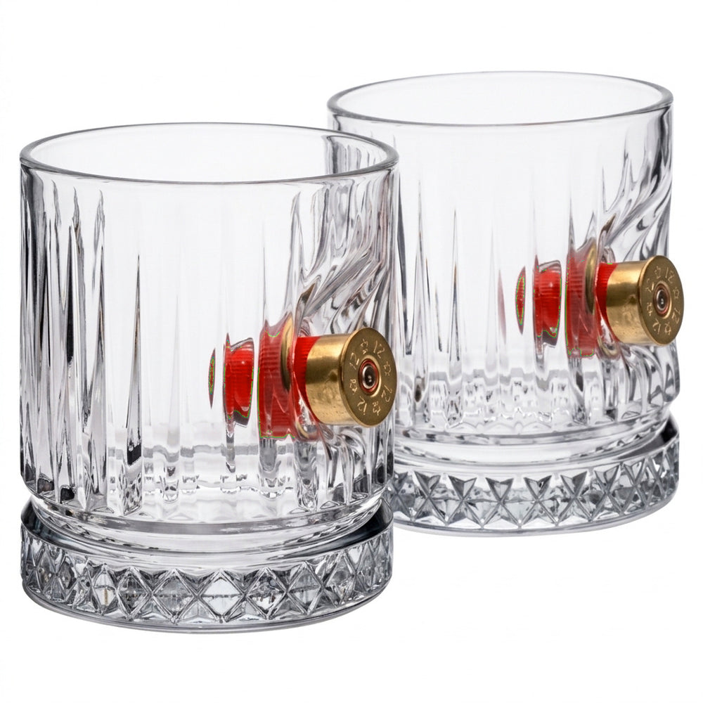 Set 2 pahare de whisky din cristal cu glonț real, 355 ml – Cadou pentru pasionații de tir