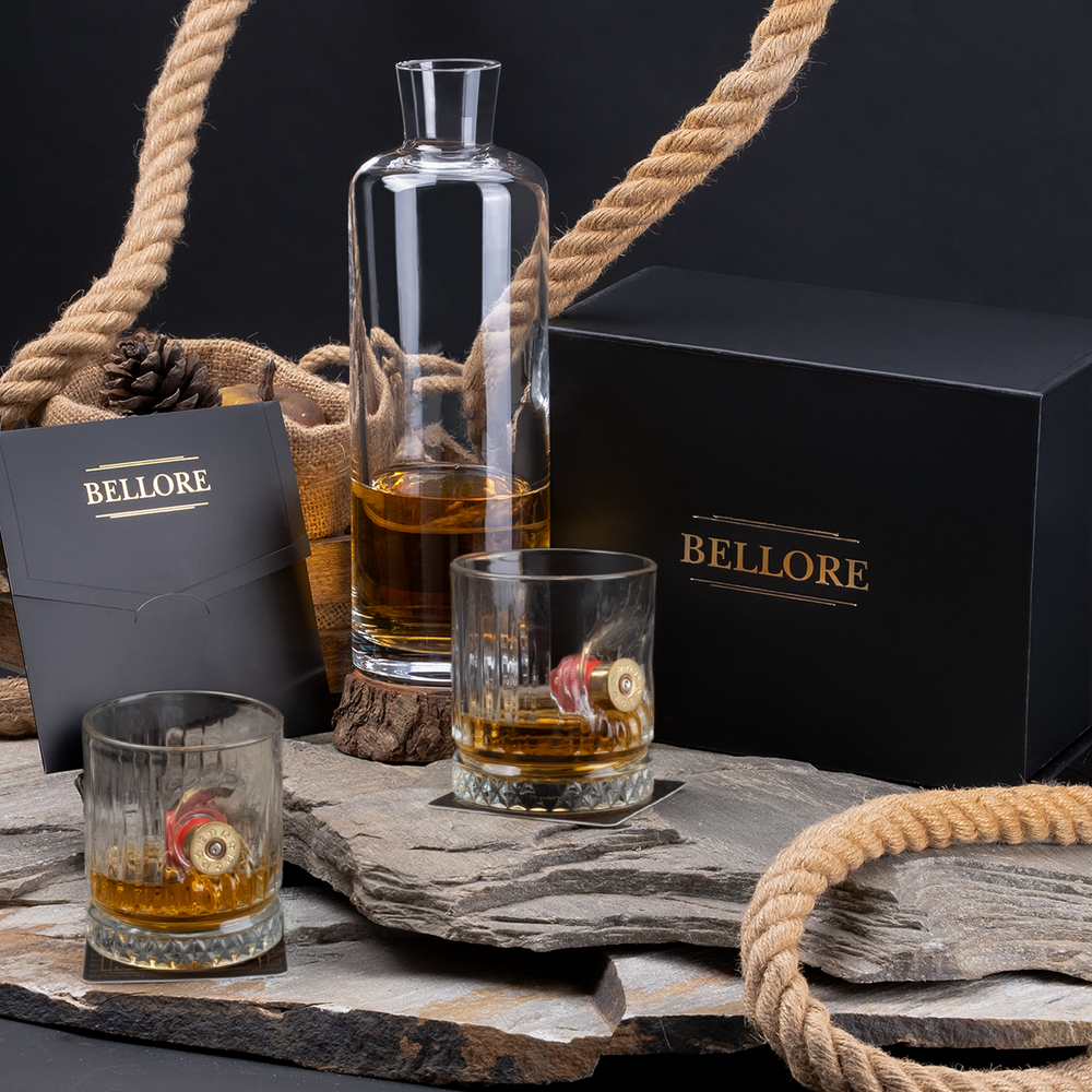 Set 2 pahare de whisky din cristal cu glonț real, 355 ml – Cadou pentru pasionații de tir