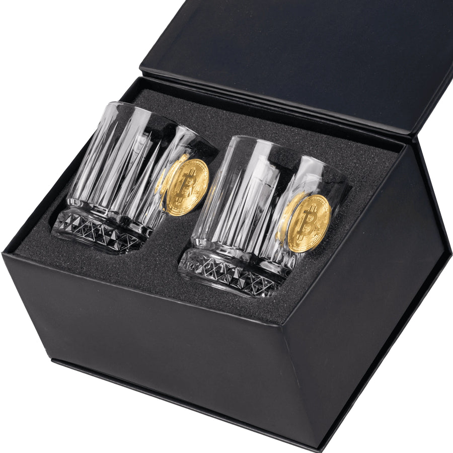 Bellore Set Cadou 2 Pahare Speciale de Whisky din Cristal de Lux cu Monedă Bitcoin, 355ml