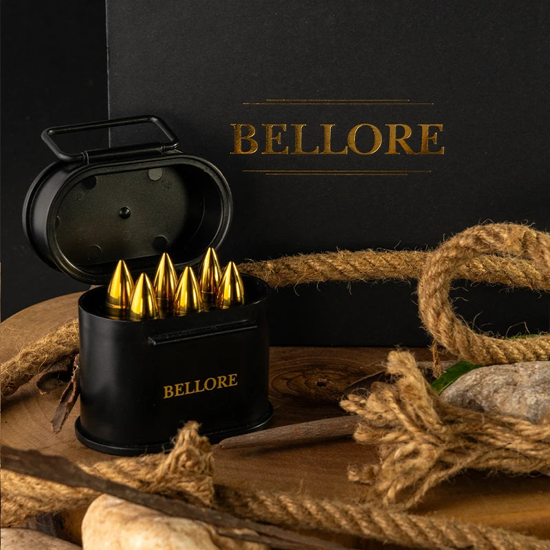 Bellore Set de Pietre din Oțel Inoxidabil pentru Răcire Whisky în Formă de Glonț – 6 Cuburi de Gheață din Oțel