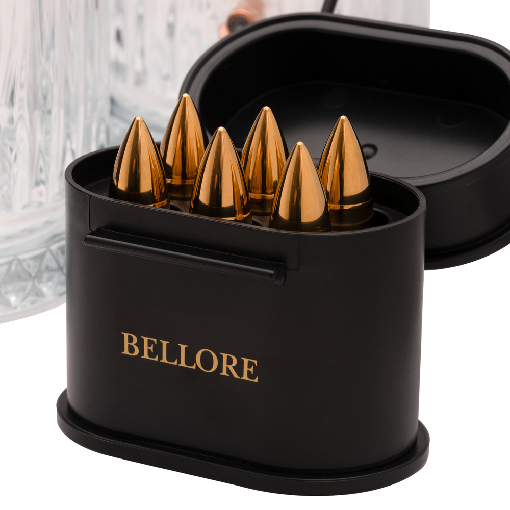 Set cadou pentru whisky cu decantor cu glonț real Bellore – 4 pahare și pietre
